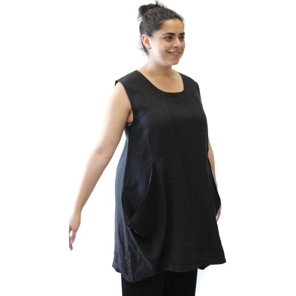 Mosaic USA Women's Big Pocket Sleeveless Linen Tunic  Black - Picture 4 of 6